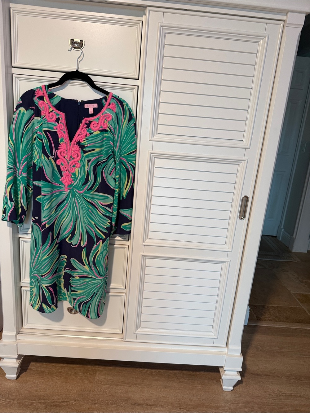 Lilly Pulitzer Navy Shift Dress with Green Tropical Print & Pink Trim